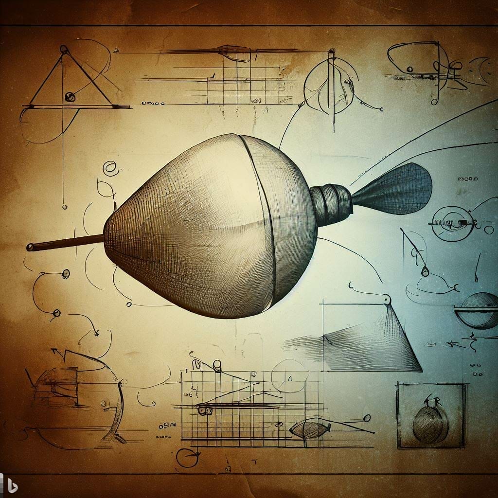 Pluta de pescuit, desenata pe hârtie, in stilului lui Leonardo da vinci,  concept pentru forma plutei de pescuit